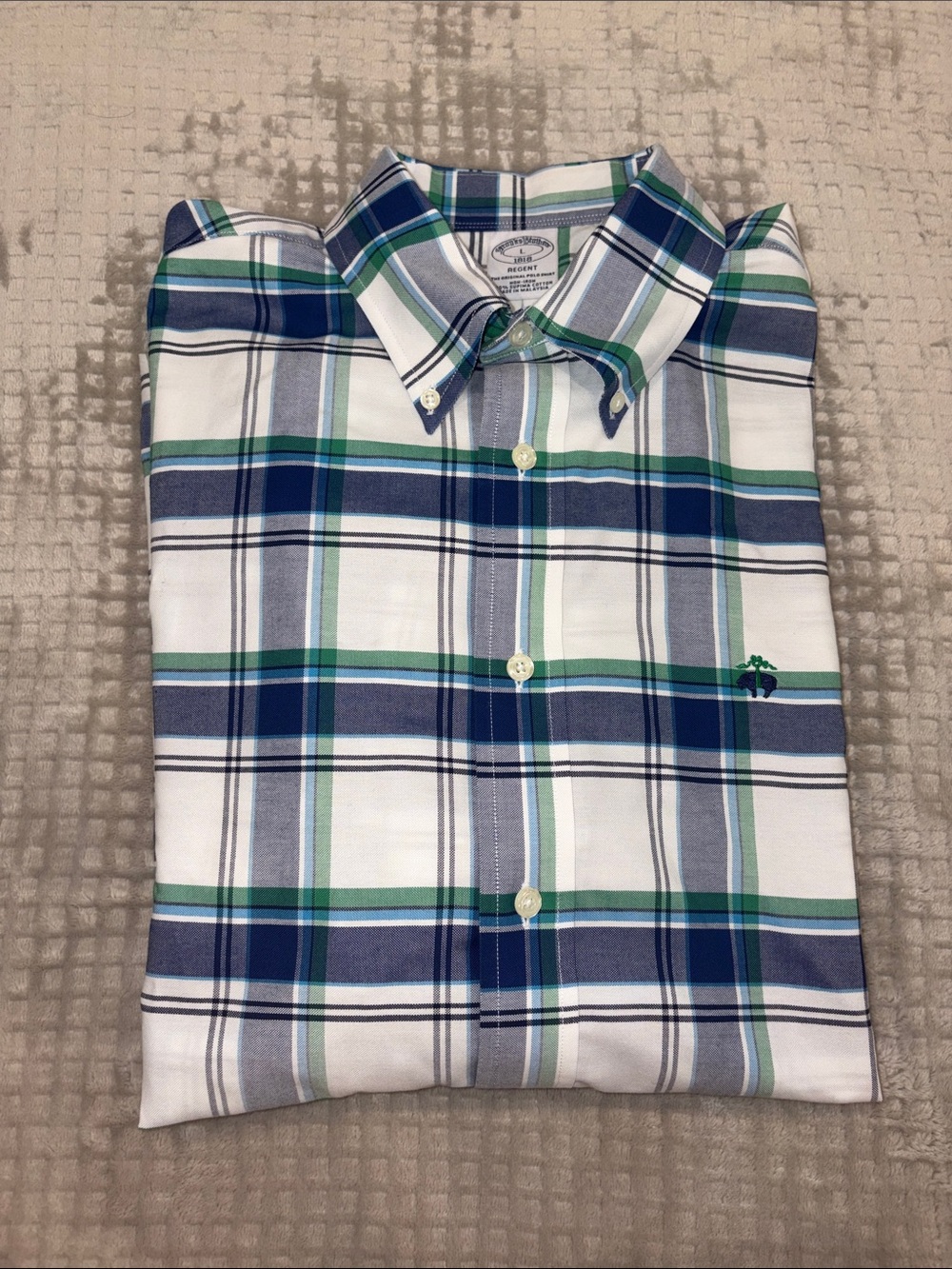 Brooks Brothers Men’s Navy Blue, Green & White Plaid Button-Down Shirt